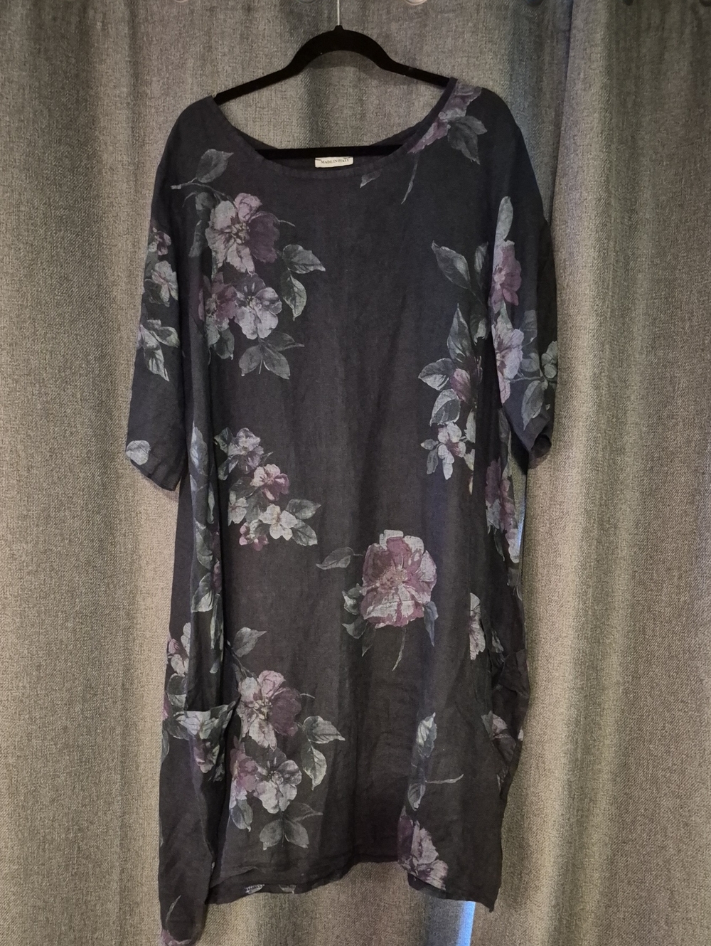 Floral Scoop Neck Linen Tunic Top - Navy with Purple Flowers